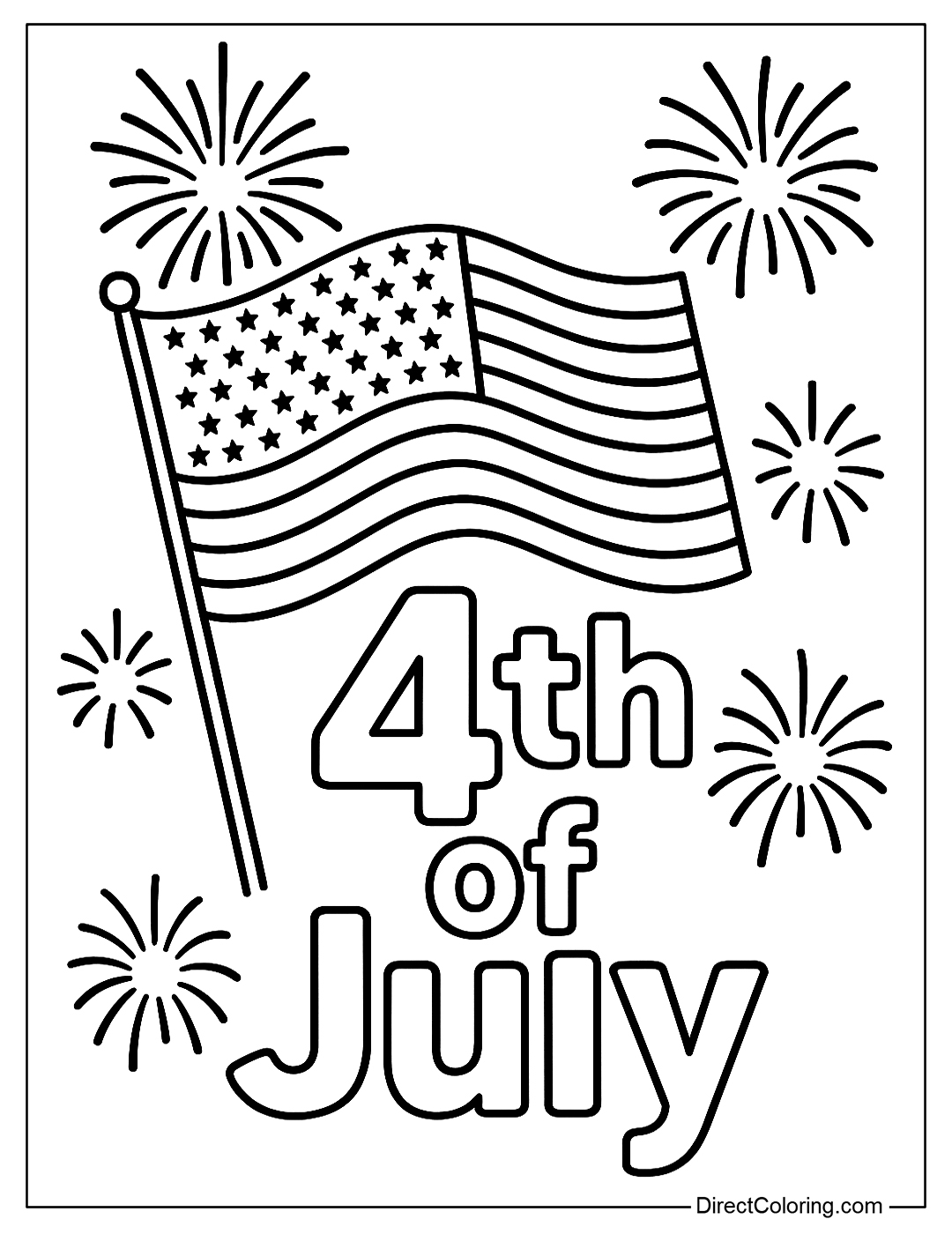A simple coloring page of a flying American flag, surrounded by fireworks and the words 